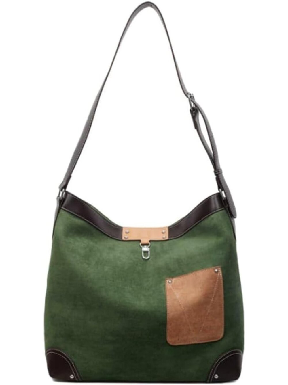 Green Canvas Shoulder Bag with Brown Leather Accents